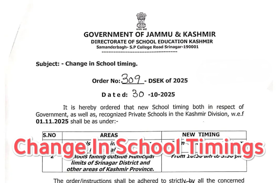 New School Timing for Kashmir Schools from 1st November