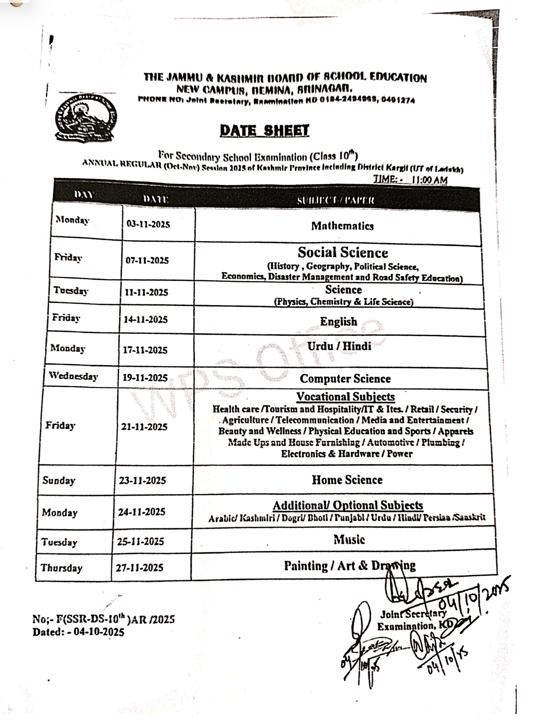 DATE SHEET For Secondary School Examination (Class 10th) ANNUAL REGULAR (Oct-Nov) Session 2025 of Kashmir Province including District Kargil (UT of Ladakh)