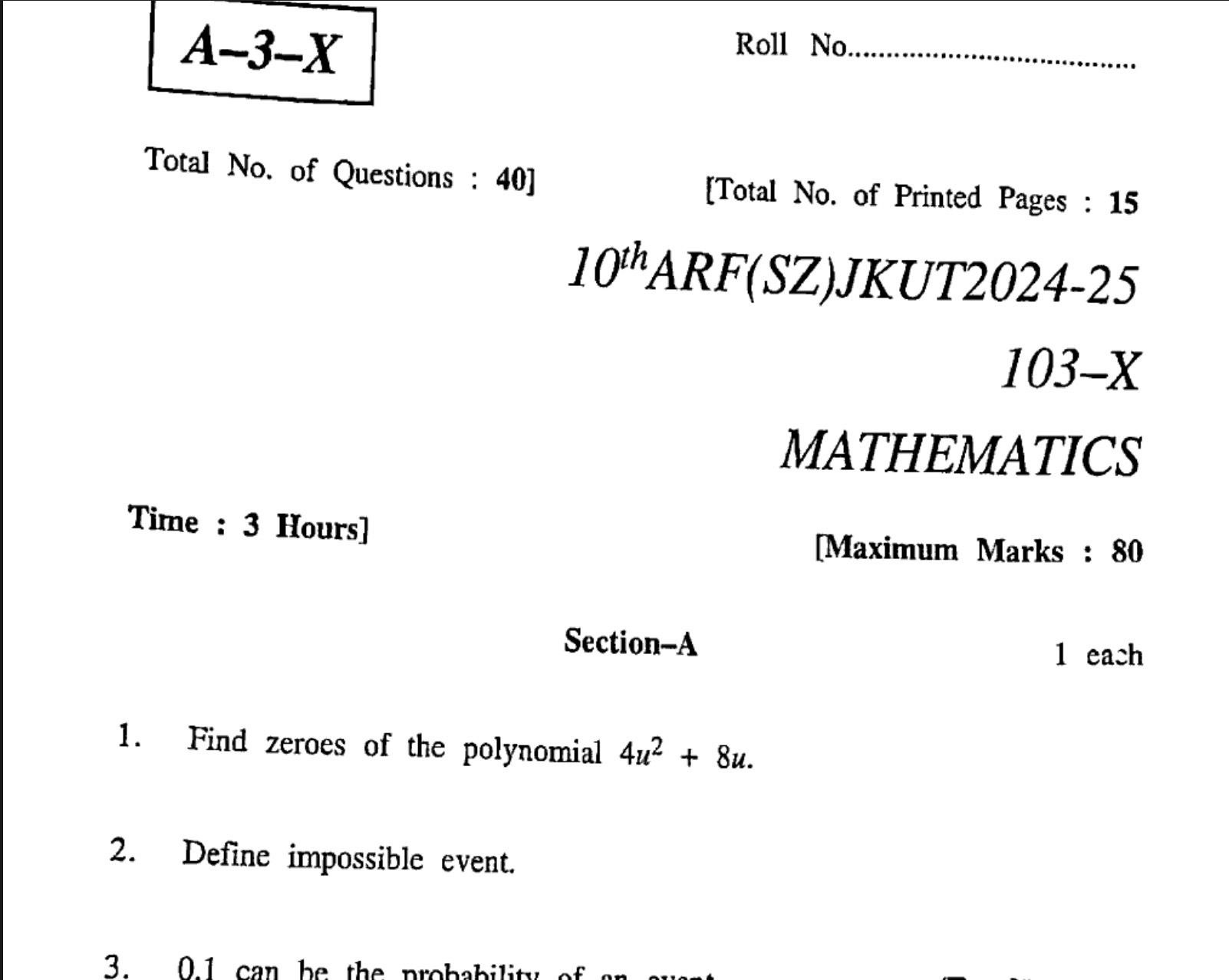 JKBOSE 10th Mathematics Previous Papers All Series PYQs(2023, 2024, 2025)