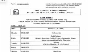 JKBOSE 10th Datesheet 2025 Jammu Annual Regular Winter Zone