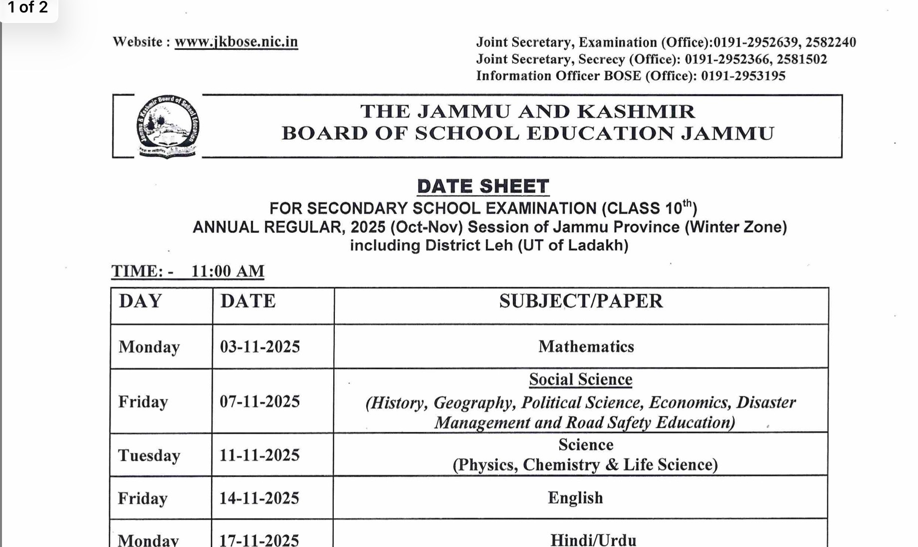 JKBOSE 10th Datesheet 2025 Jammu Annual Regular Winter Zone