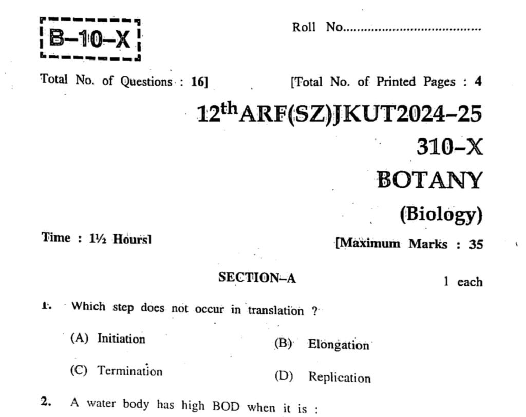 JKBOSE 12th Botany Papers All Series