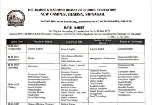 JKBOSE Class 11th Date Sheet 2025 Kashmir Including District Kargil