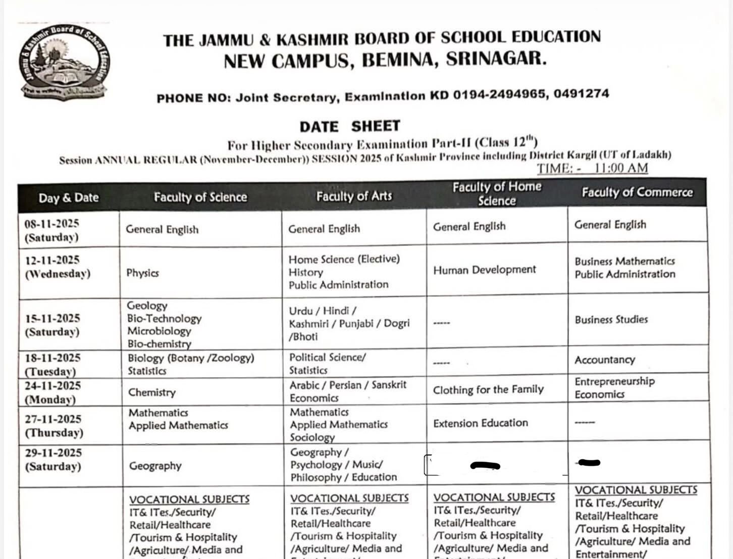 JKBOSE Class 12th Date Sheet 2025 Kashmir Including District Kargil