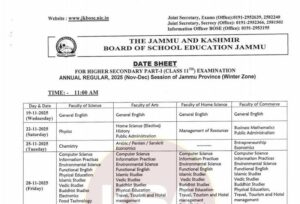 JKBOSE Class 11th Date Sheet 2025 Jammu Province (Winter Zone)