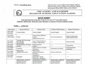 JKBOSE Class 12th Date Sheet 2025 Jammu Province (Winter Zone)