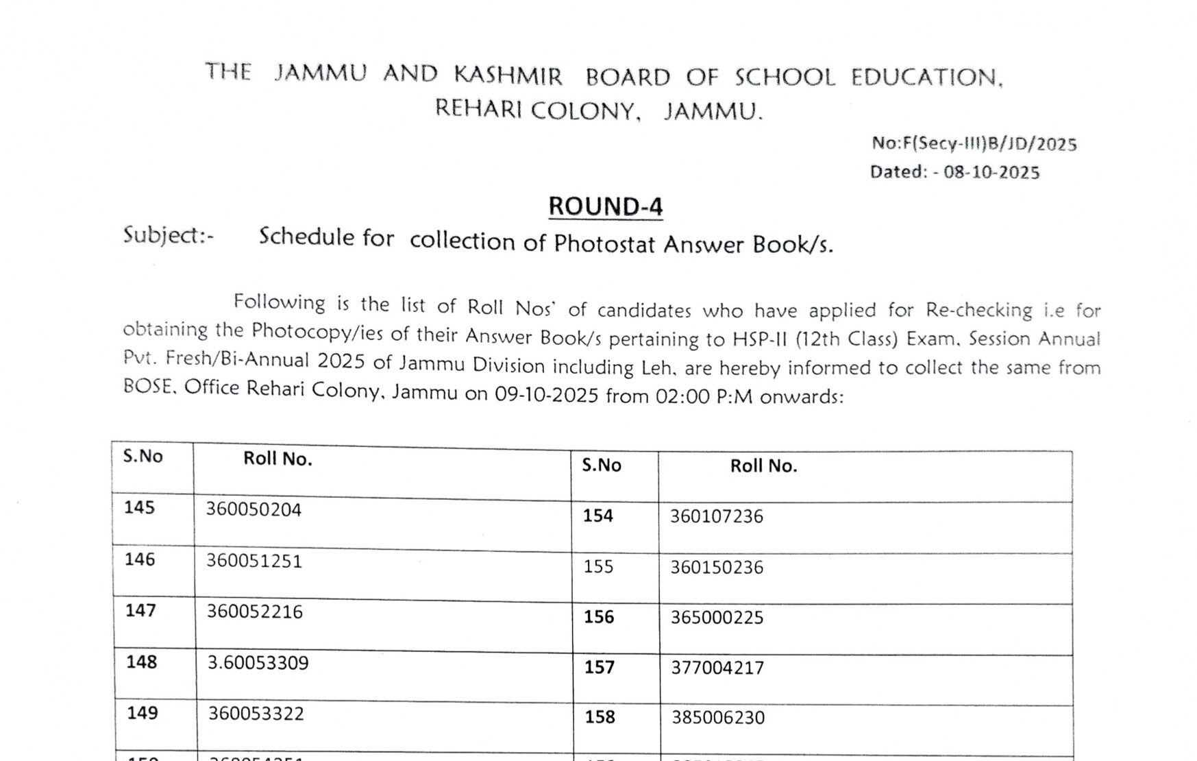 Round 4 (Four) for collection of Photocopy of Answer Scripts for HSP-II (Class 12th) Exam Session Ann/Pvt, Fresh/Bi-ann 2025 of Jammu Division including Leh