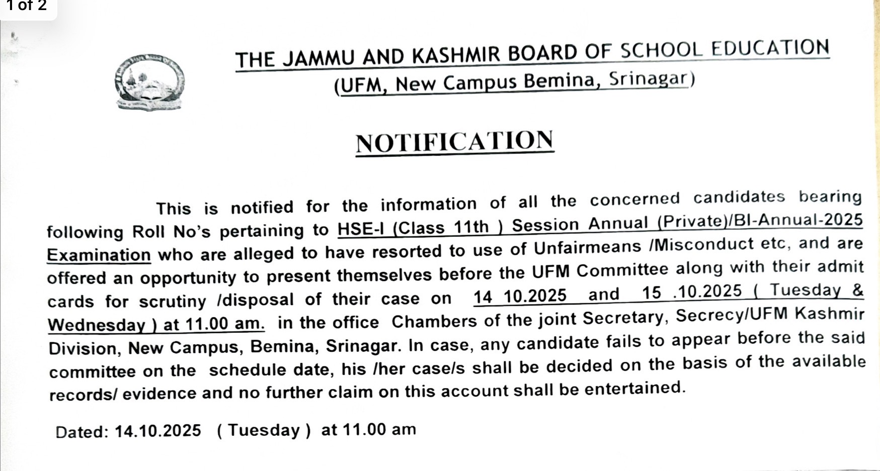 Notification regarding appearance before UFM Committee for HSE-Part I (Class 11th) Session Annual(Private)/ Bi-Annual 2025 Kashmir