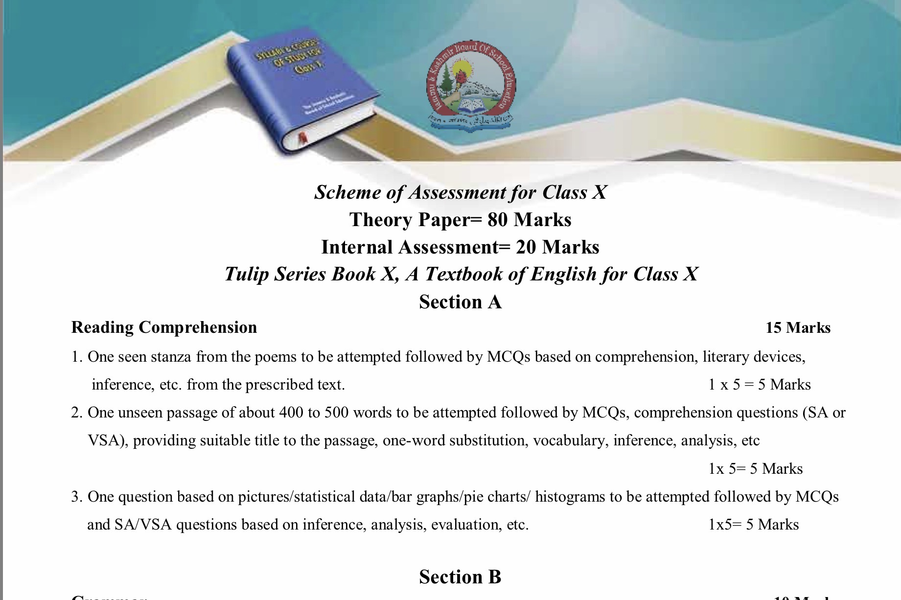 JKBOSE English Marks Distribution & Scheme of Assessment for Class 10 Annual Regular 2025