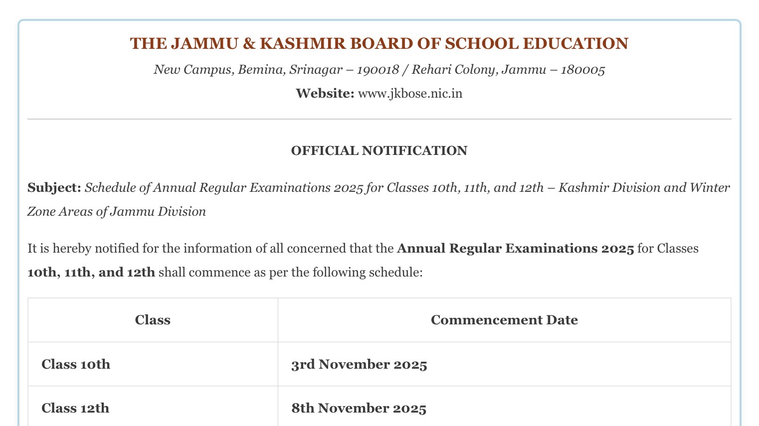 JKBOSE Secretary Announced Schedule of Regular Exams 2025 for 10th, 11th, and 12th – Kashmir Division and Winter Zone Areas of Jammu Division