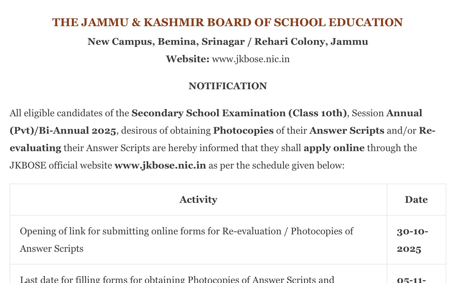 JKBOSE 10th Re-evaluation Online Link and Photocopy of Answer Scripts — Apply from 30th October to 5th November 2025