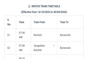 New Kashmir Train Timings 2025-26 for Winter w.e.f 16 October