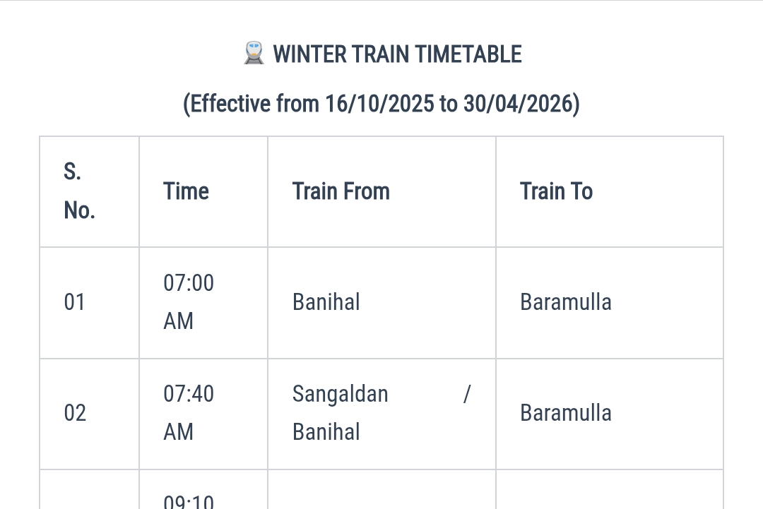 New Kashmir Train Timings 2025-26 for Winter w.e.f 16 October