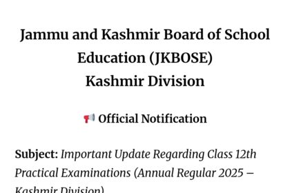 JKBOSE 12th Practical Schedule Revised (Annual Regular 2025 – Kashmir Division)