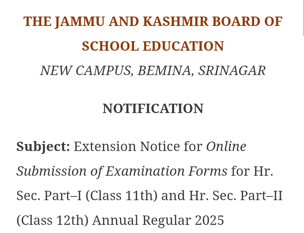 JKBOSE Re-Open Exam Form Submission Link For Class 11th and 12th Ann Reg 2025 WZ
