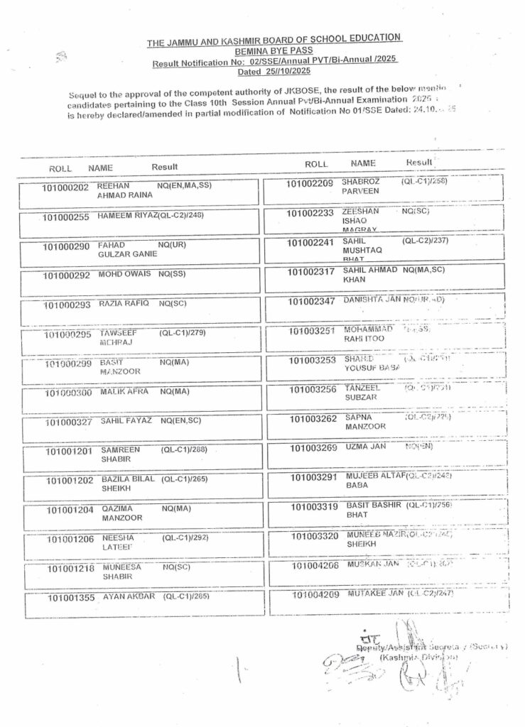 JKBOSE 10th Updated Result SSE/Annual PVT/Bi-Annual 2025 - Jammu/Kashmir Division