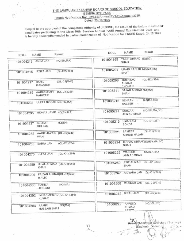 JKBOSE 10th Updated Result SSE/Annual PVT/Bi-Annual 2025 - Jammu/Kashmir Division