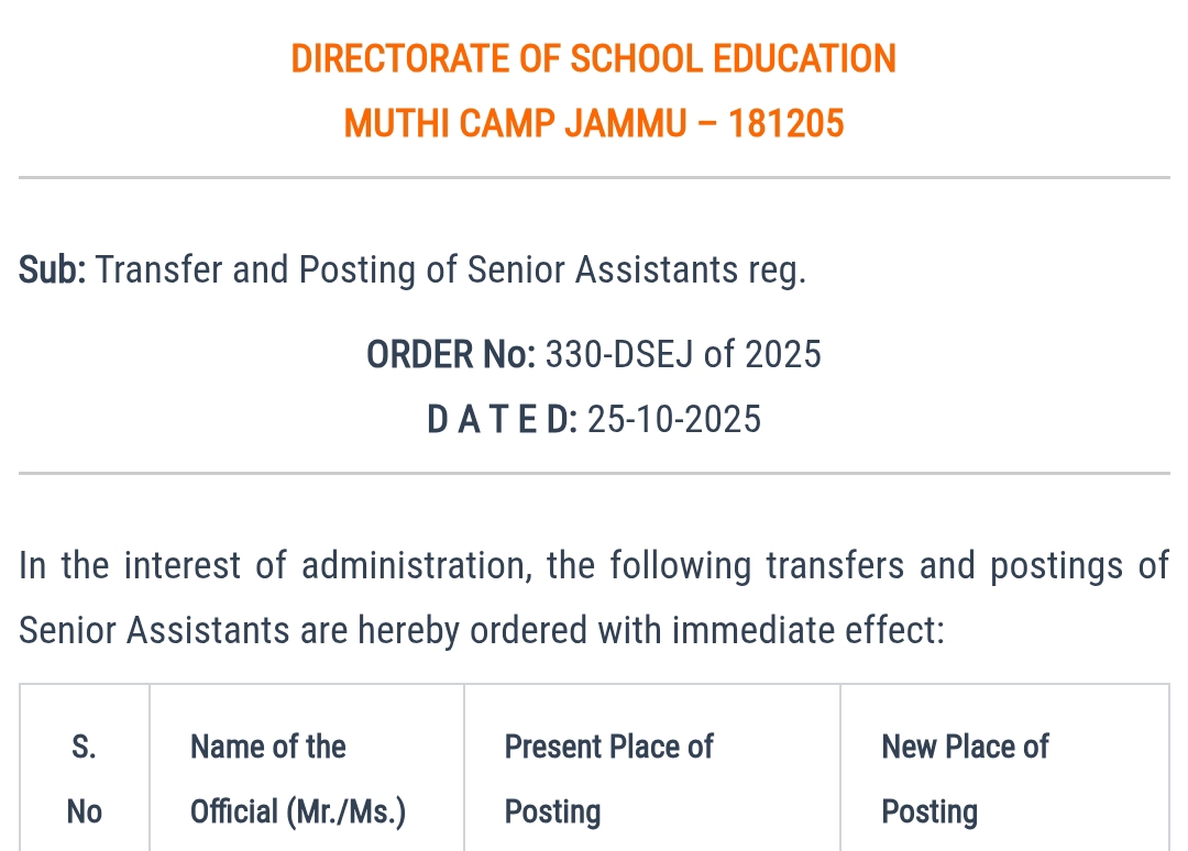 J&K School Education Dept Transfer and Posting J&K School Education Dept Transfer and Posting