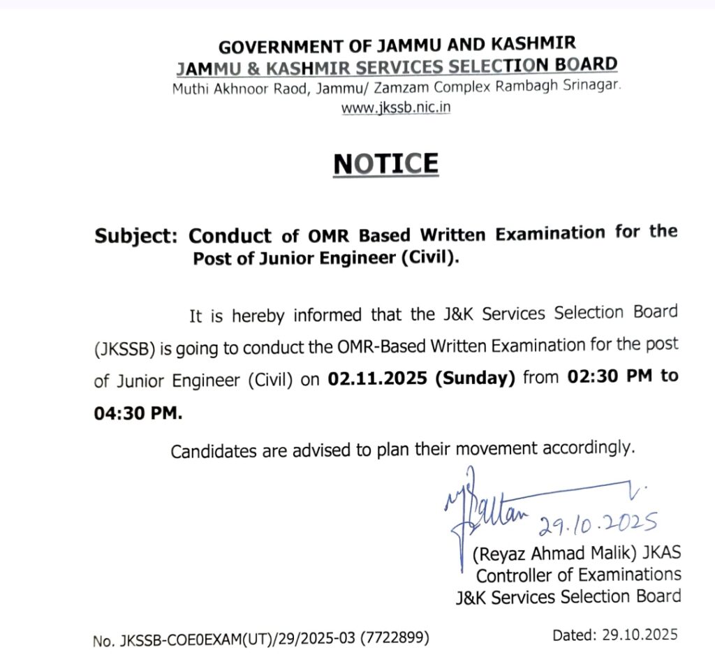 JKSSB JE Civil Conduct of OMR Based Written Examination 2025