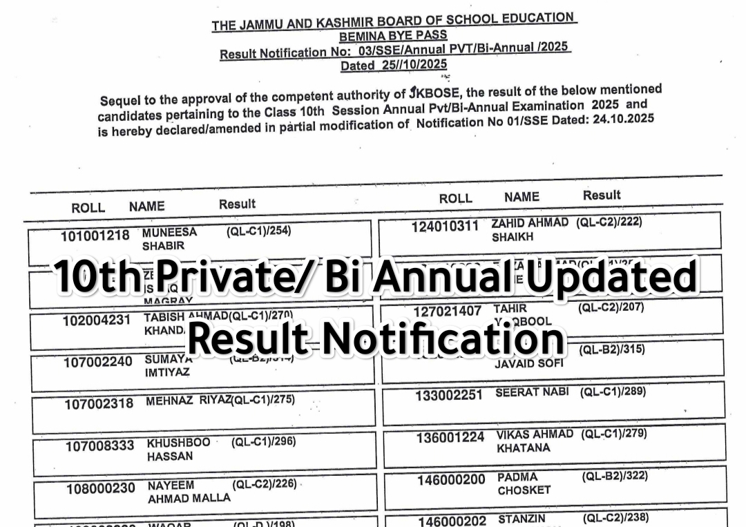 JKBOSE 10th Private/Bi Annual Result Notification Session 2025