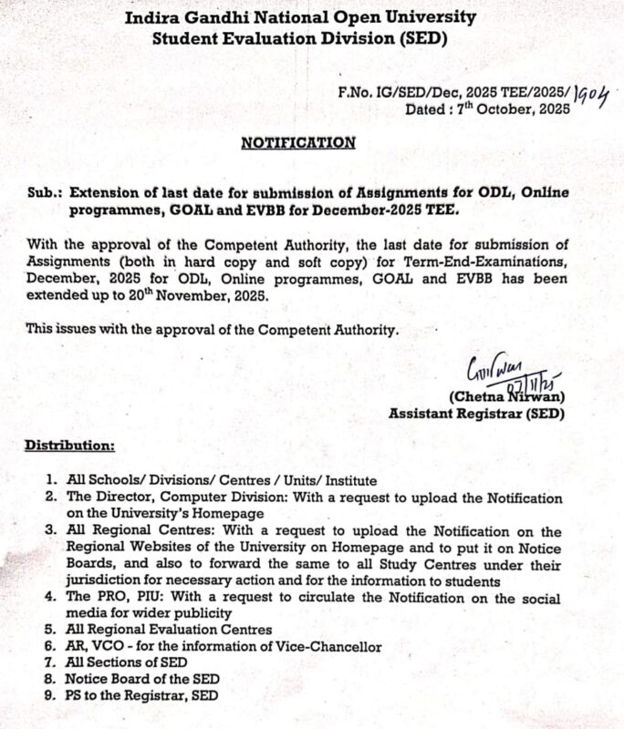 IGNOU December 2025 TEE Assignment Date Extended