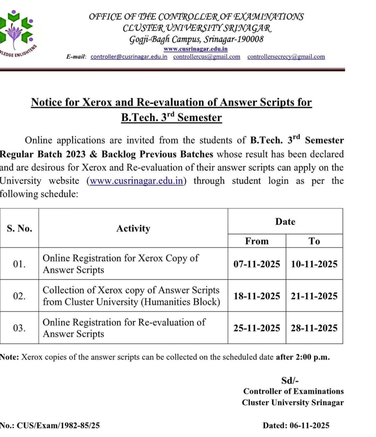 Cluster University Srinagar Issues Notice for B.Tech 3rd Semester Re-evaluation