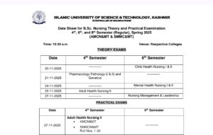 IUST Kashmir Releases B.Sc Nursing Date Sheet for 4th, 6th & 8th Semesters – Exams Begin November 20
