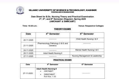 IUST Kashmir Releases B.Sc Nursing Date Sheet for 4th, 6th & 8th Semesters – Exams Begin November 20