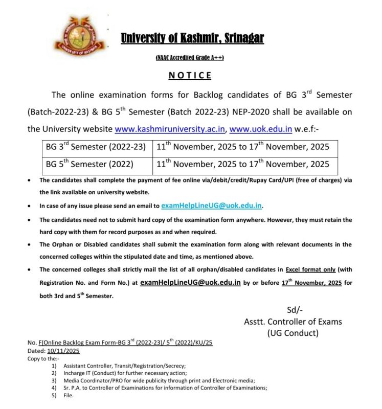 KU Issues Exam Form Notification for BG 3rd & 5th Semester Backlog Students — Apply From November 11