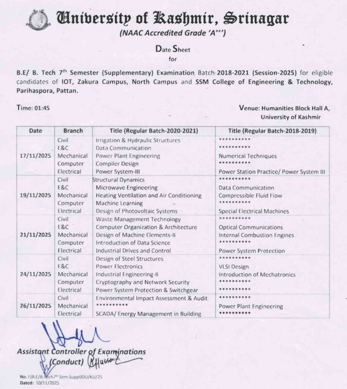 University of Kashmir Issues Date Sheet for BE/B.Tech 7th Semester