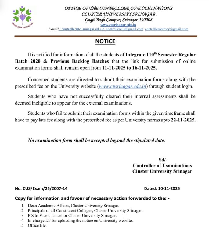 Cluster University Srinagar Issues Two Important Notifications for Students — Exam Form Submission & PG 4th Semester Internal Exams