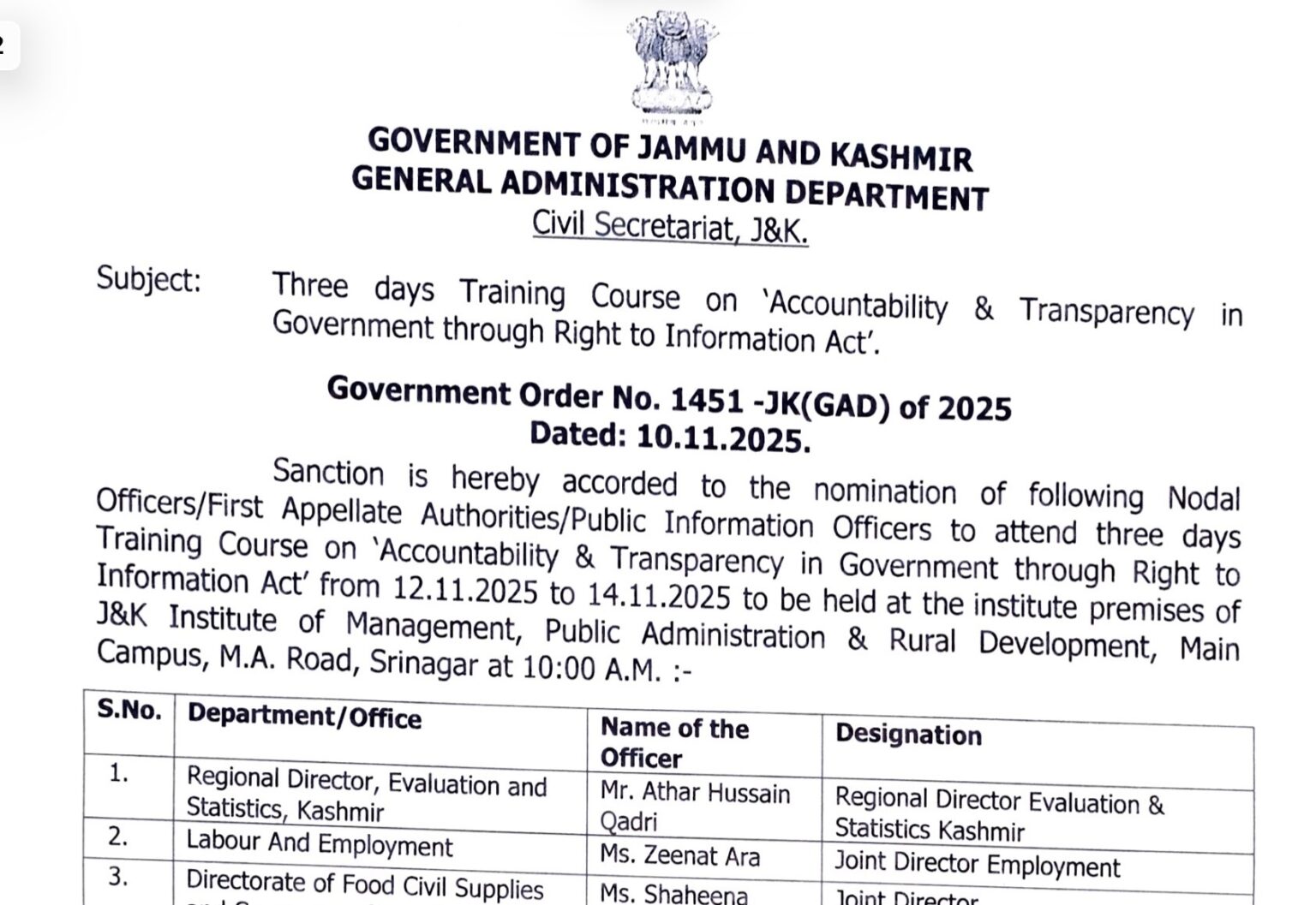 J&K Govt Announces 3-Day Training Program on Accountability & Transparency under RTI Act