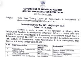 J&K Govt Announces 3-Day Training Program on Accountability & Transparency under RTI Act