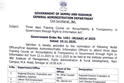 J&K Govt Announces 3-Day Training Program on Accountability & Transparency under RTI Act