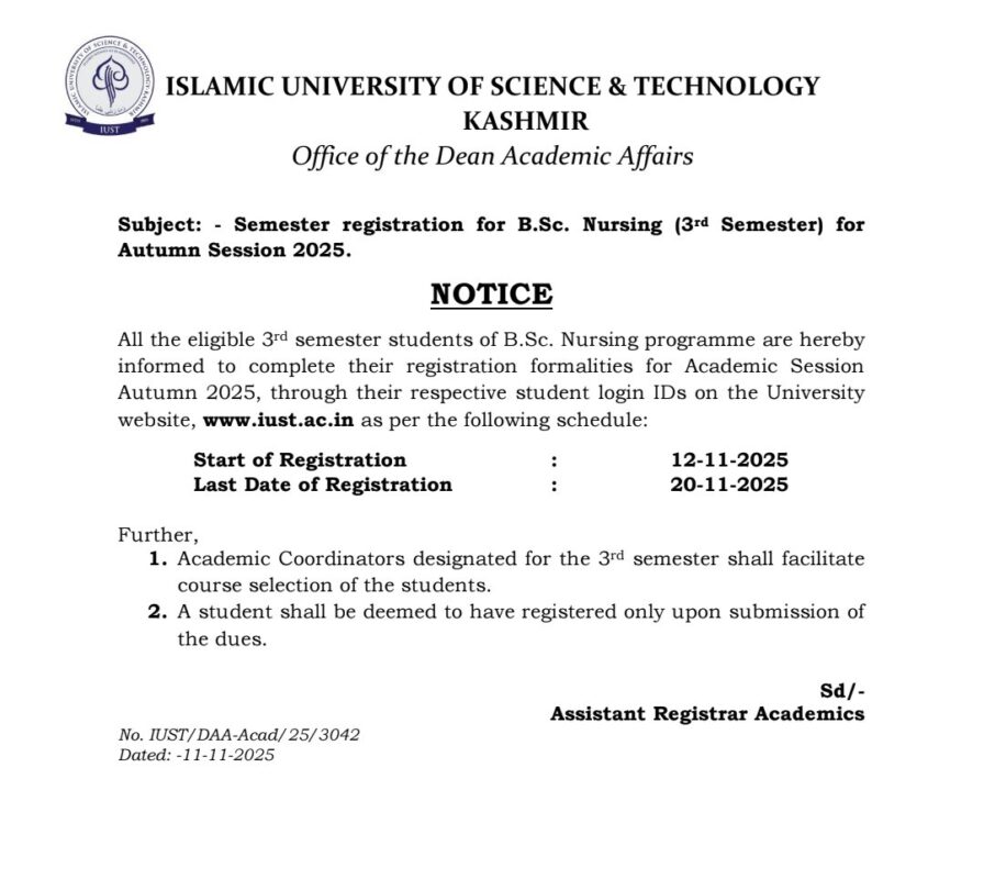 IUST Awantipora Issues Registration Notice for B.Sc Nursing