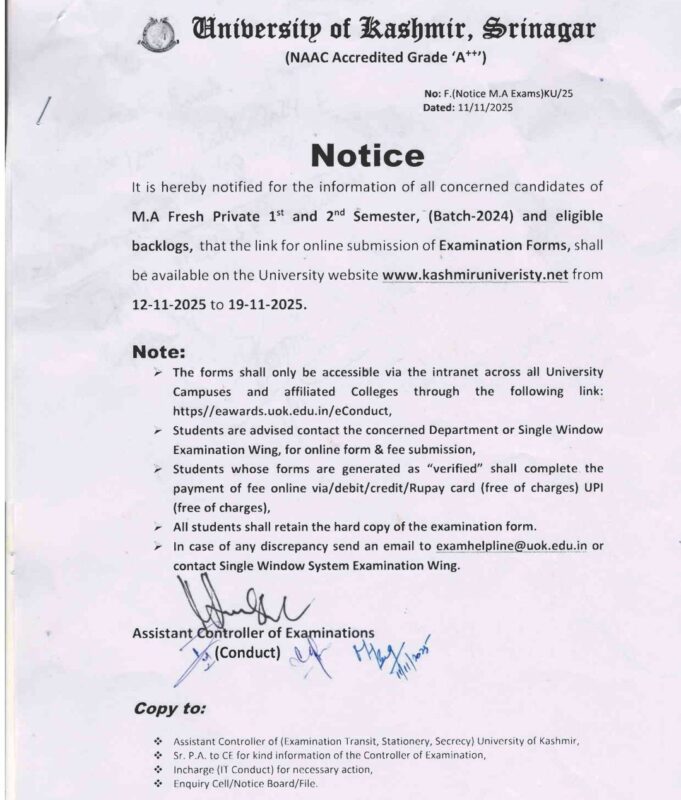 University of Kashmir Issues Exam Form Notification for M.A