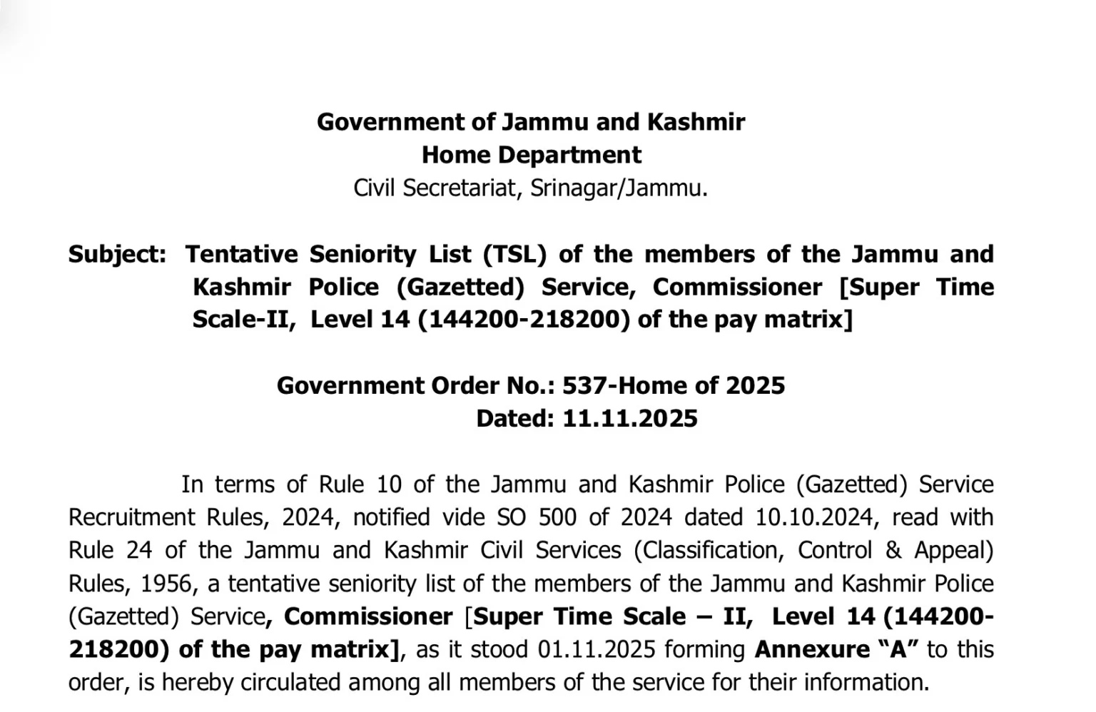 J&K Govt Issues Tentative Seniority List for Police Gazetted Service – Commissioner Rank Tentative Seniority List for Police Gazetted Service