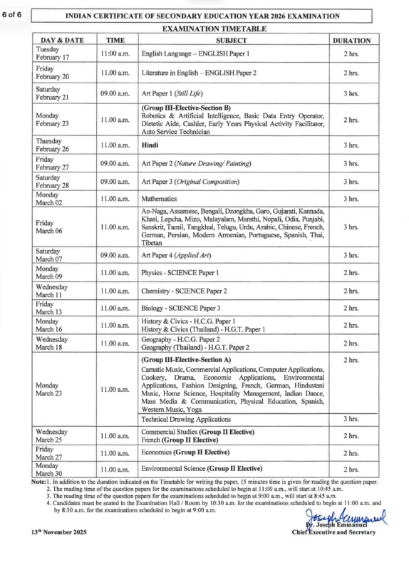 ICSE Date Sheet 2026