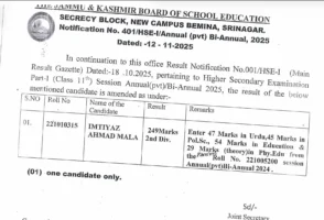 JKBOSE Class 11th Annual Pvt/Bi-Annual 2025 Result Notification