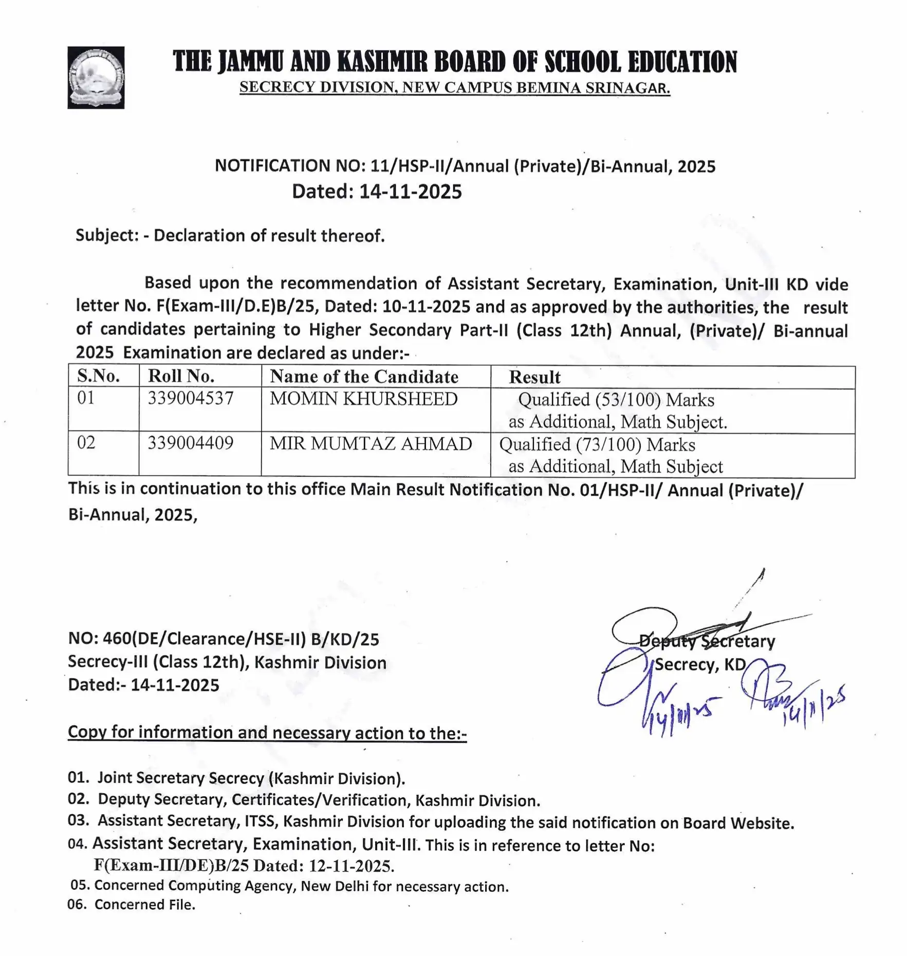 JKBOSE Declares Additional Math Subject Results for Class 12th Annual Pvt/Bi-Annual 2025 Additional Math Subject Results for Class 12th Annual Pvt/Bi-Annual 2025