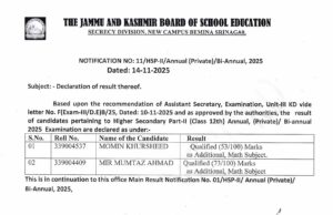 JKBOSE Declares Additional Math Subject Results for Class 12th Annual Pvt/Bi-Annual 2025