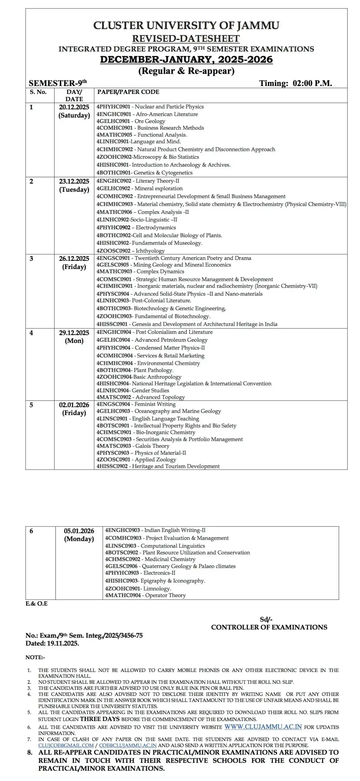 Revised Date Sheet for 9th Semester Integrated Programme