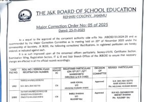 JKBOSE Issues Major Correction Order No. 05 of 2025: 10th, 11th & 12th Student Particulars Updated