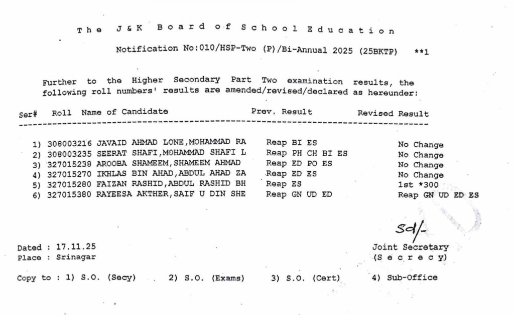 JKBOSE Class 12th (Bi-Annual 2025) Result Amendment Notification Released: Check Revised Status
