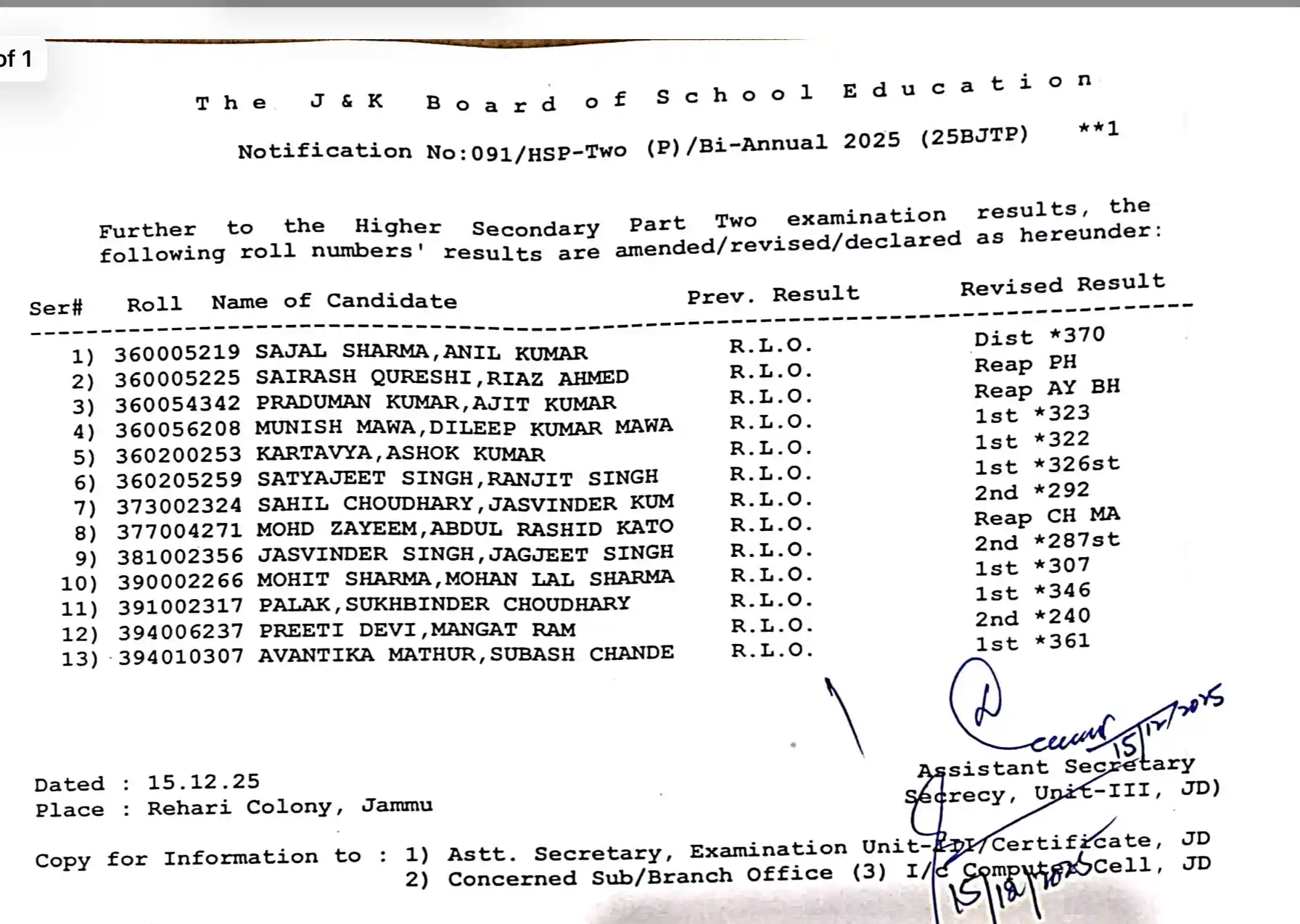 JKBOSE Class 12th Bi-Annual 2025 Result