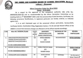 JKBOSE Jammu Issues Minor Correction Order No. 06 of 2025: Check Revised Name Details