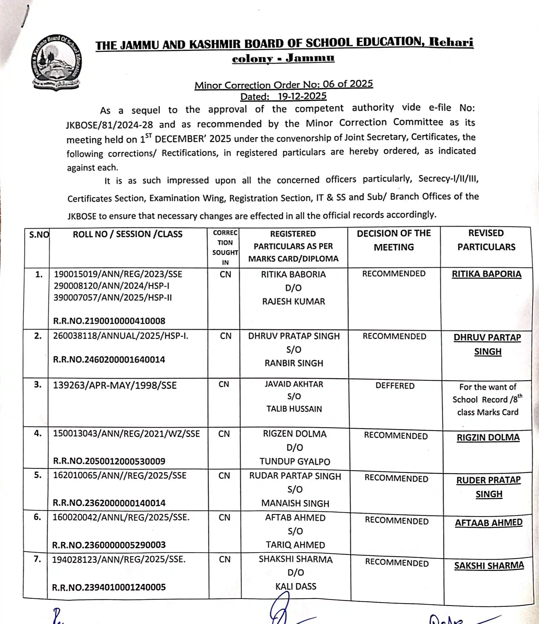 JKBOSE Jammu Issues Minor Correction Order