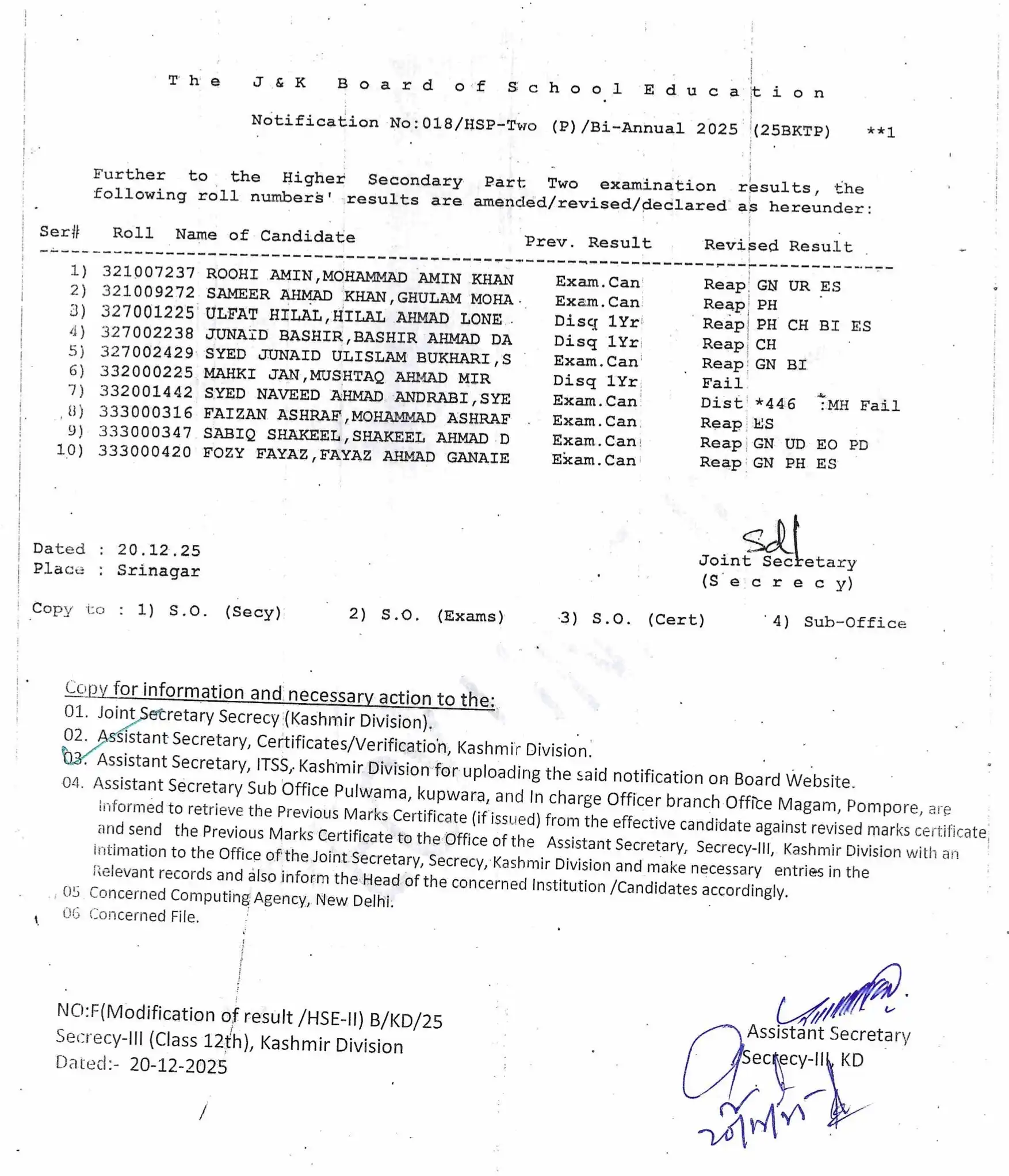 JKBOSE Class 12th Result Update