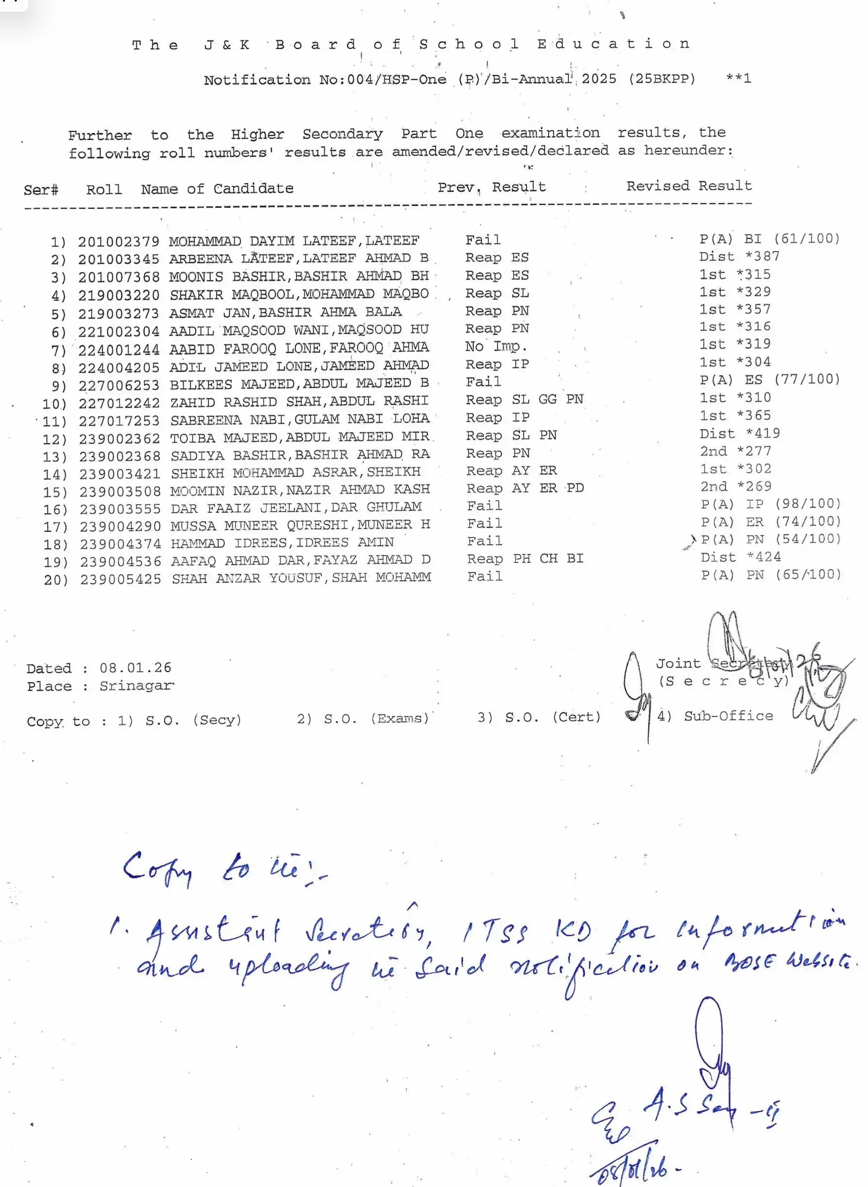JKBOSE Revises Class 11 Bi-Annual 2025 Results