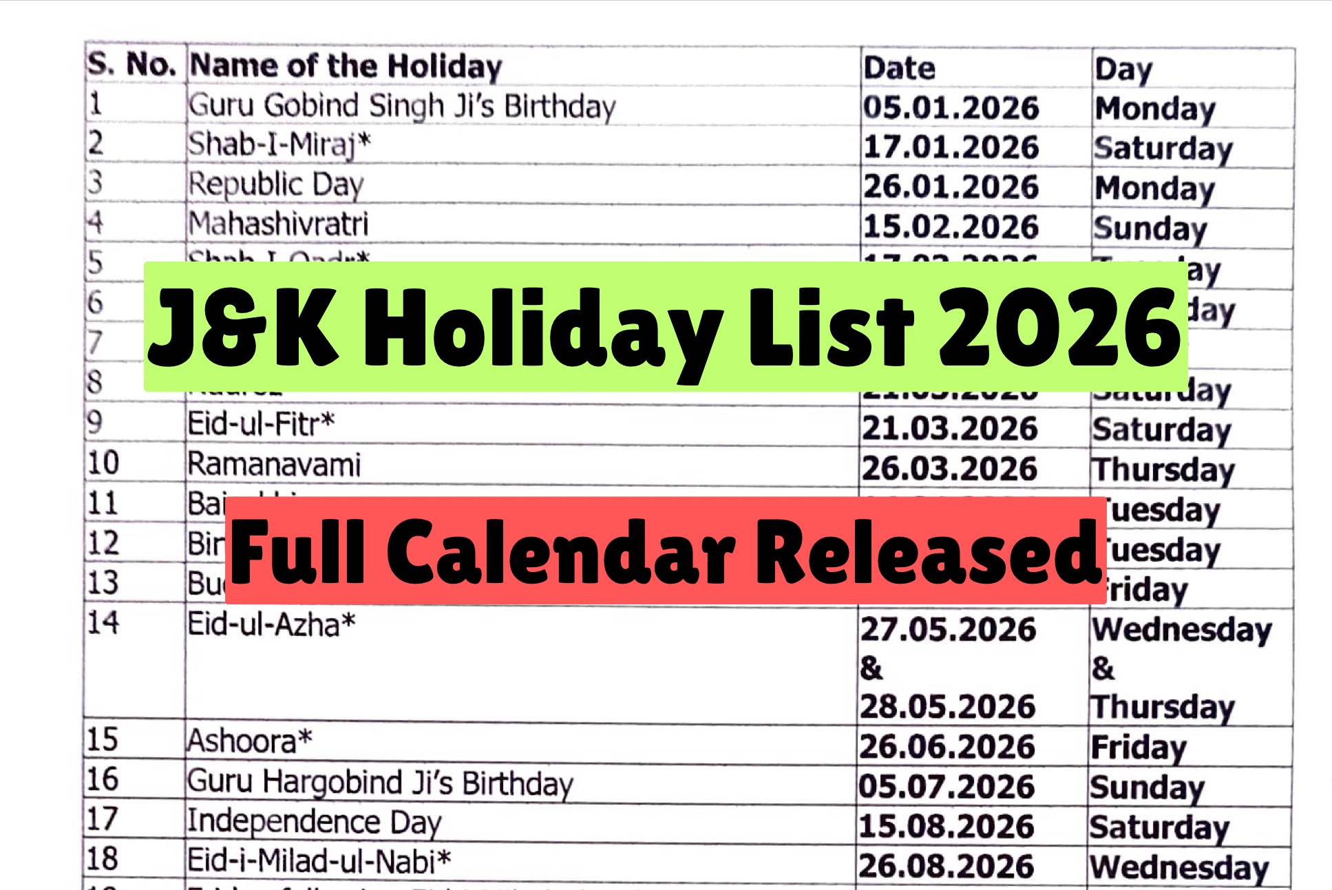 JK Holiday List 2026